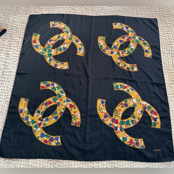Chanel Vintage Black Silk Jewel Scarf Square 35”x35” - Picture 1 of 4